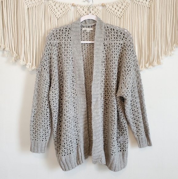 AE Gray Open Knit Open Front Sweater Cardigan M - Picture 2 of 7